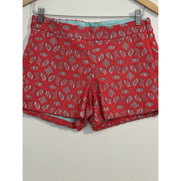 Judith March Women Red Floral Lace Overlay Teal Flat Front Chino 3.5” Shorts S - Picture 3 of 6